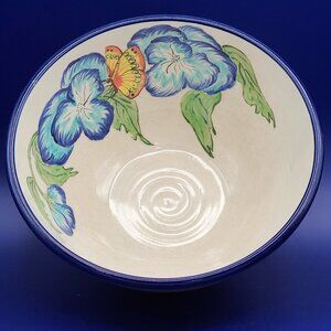 FINAL CLEARANCE Vintage Studio Art Pottery 9" Serve Bowl Pansies Blue Rim Signed